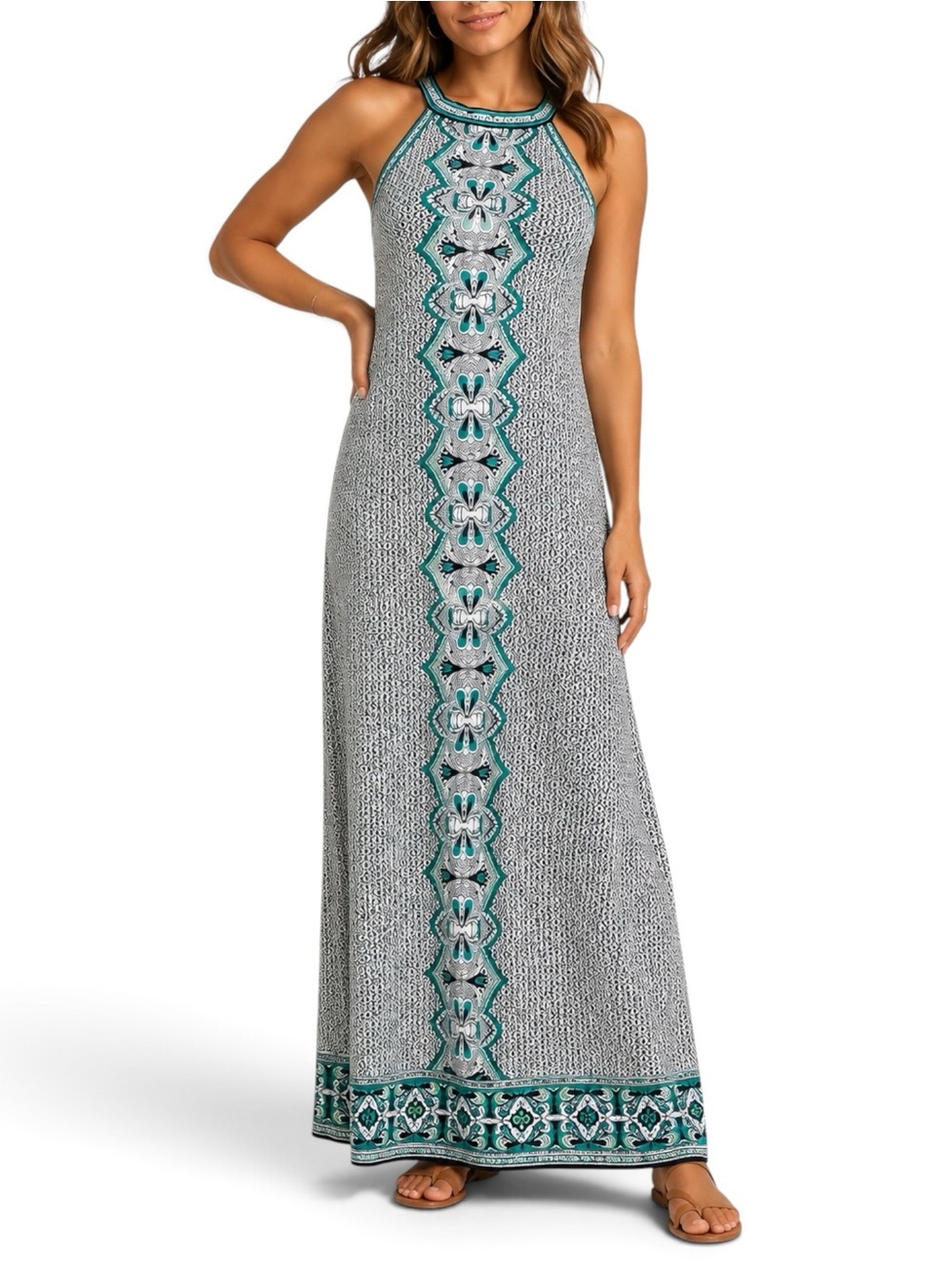 Max Studio Maxi Dress S Teal Boho Geometric Racerback Shelf Bra NWT